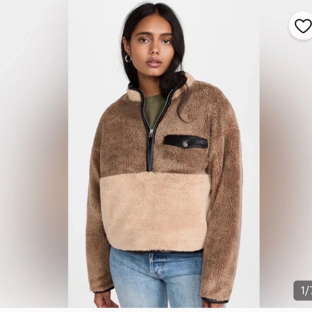 Anine Bing Royce Jacket Brown Tan Colorblock Sherpa Fleece Quarter Zip Small